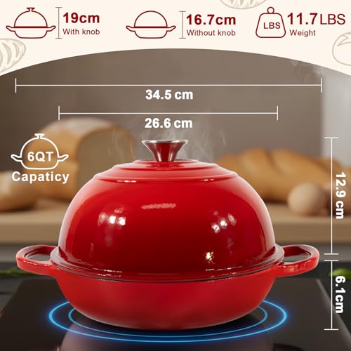 Dutch Oven For Bread Baking,26cm/5.7L Enameled Cast Iron Dutch Oven,Non-Stick Cast Iron Pan with Lid,Dutch Ovens with Baking Recipe,Casserole Pot for Bread Baking,Roasting,Braising & Frying (Red) - Image 3