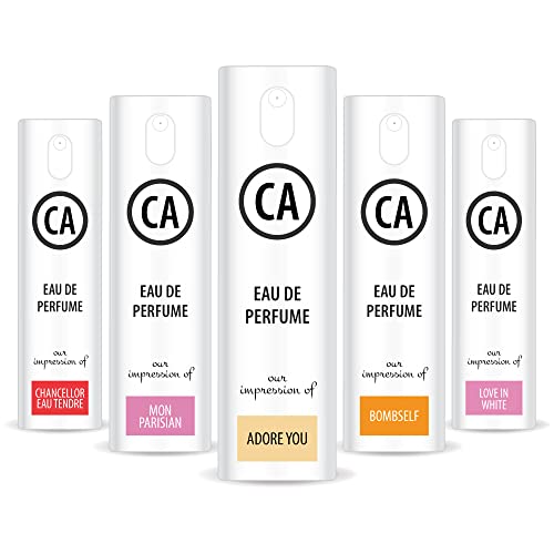 CA Perfume 2020 Most Attractive Women Set Impression of (Love in White + Bombself + Chancellor Tendre + Adore You+ Mon Parisian) Fragrance Sample Travel Size Parfum Sprayer (0.3 Fl Oz/10 ml) x5