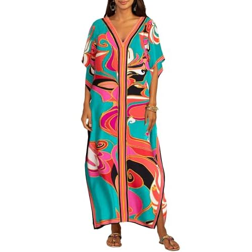 Bsubseach Women Plus Size Kaftan Dress Swimsuit Cover Up Caftan Maxi Beach Dresses Cover Ups One Size Cyan