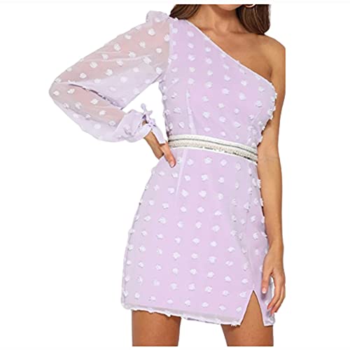 SHENYANGWA Wedding Guest Dresses for Women,Sexy One Shoulder Mesh Contrast Chiffon Mini Dress Trendy Long Sleevel Sundress Purple
