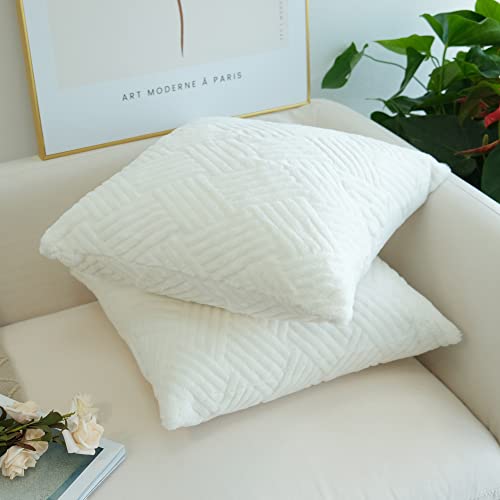 Jojusis Pack Of 2 Faux Fur Plush Decorative Throw Pillow Covers Couch Cushion Case Soft Fluffy 3D Striped Double-Sided Pillowcases (White, 18 X 18-Inch) #TOP2