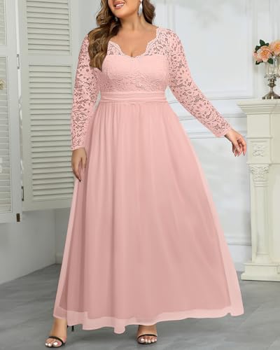 Image of Talisea Plus Size Formal Wedding Dresses - Gowns Evening Prom Elegant V Neck Long Sleeve Lace Chiffon Long Maxi Dress