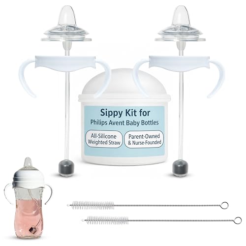 Sippy Cup Conversion Kit for Philips Avent Natural Baby Bottles 2-Count, Food Grade Silicone Spout Nipples and Weighted Straw, Bottle Handles, Cleaning Brush, BPA-Free, Straw Transition, 4+ Months