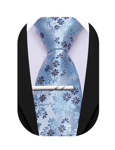 Image of Barry.Wang Floral Ties for Men Flower Necktie with Tie Clip Formal