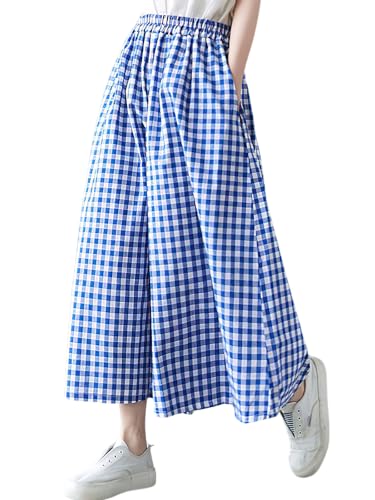 ebossy Women's Cotton Linen Plaid Pants Elastic High Waist Wide Leg Palazzo Capris Gingham Pants