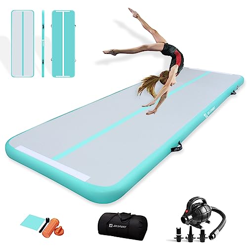 AKSPORT Gymnastics Air Mat Tumble Track Tumbling Mat Inflatable Floor Mats with Electric Air Pump for Home Use/Tumble/Gym/Training/Cheerleading/Parkour/Beach/Park/Water(Grey Green,10ftx3.3ftx4inch)