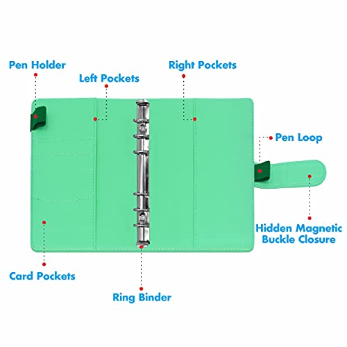 Pu Leather Budget Binder Notebook Planner With 40 Pages Loose-Leaf Filler Paper, Stainless Ring Binder, 6 Zipper Bags, 10 Category Stickers, 2 Pen Loops, Magnetic Buckle (Light Green, 7.5” X 5.2”) #TOP2