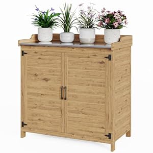 Bealife Table à Plantes avec Rangement, Table de Rempotage Extérieure, Armoire de Rangement de Jardin avec Plan de Travail avec étagère Mobile pour Jardin, Balcon, Terrasse, 98 x 48 x 95 cm, Naturel