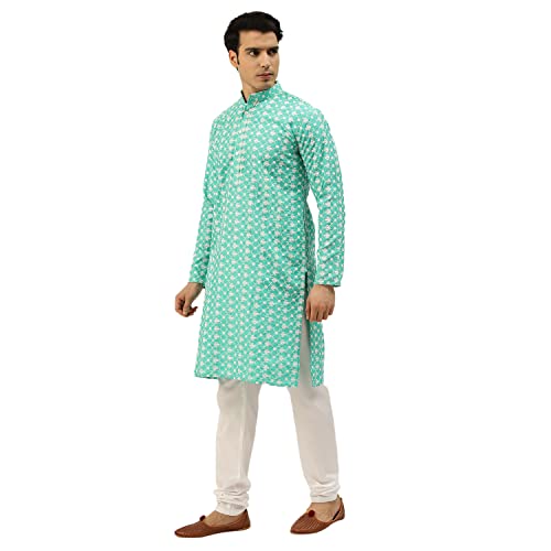 Image of SOJANYA (Since 1958 Men's Silk Blend Light Green Kurta & Nehrujacket with White Pyjama Combo