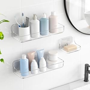TZAMLI Shower Caddy With Soap Dish, Adhesive Organizer Plastic Shelf Wall Mounted for Bathroom Storage (Clear, 3 Pack)