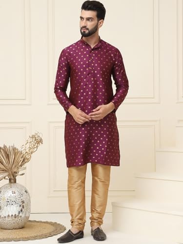 Image of SOJANYA (Since 1958 Men's Silk Blend Booti Kurta with Gold Churidaar Pyjama
