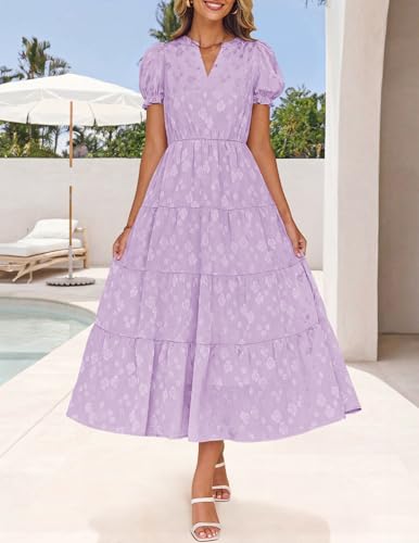 ZESICA Womens Summer Floral Flowy Midi Dress 2026 Puff Short Sleeve V Neck Ruffle Tiered Beach Vacation Party Dresses Purple Small — view 4