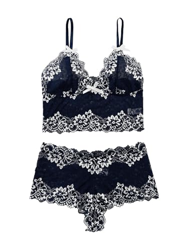 Image of Lilosy Sexy Lingerie for Women Lace Pajamas Set Cami Bra and Panty High Waist Sheer Sleepwear 2 Piece 2XS-6XL