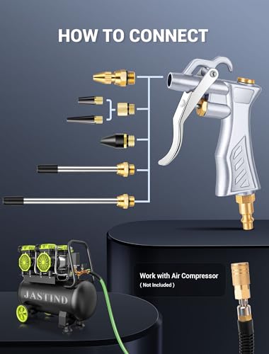 JASTIND Industrial Air Blow Gun with Brass Adjustable Air Flow Nozzle and 2 Steel Extension, Pneumatic Air Compressor Accessory Tool Dust Cleaning and Blower Gun