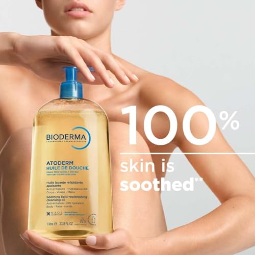 BIODERMA Atoderm Huile de douche - Nettoyant apaisant et anti-irritations - Confort immédiat dès utilisation et 24 h d’hydratation - Peaux sensibles très sèches à irritées - Flacon pompe 1 l