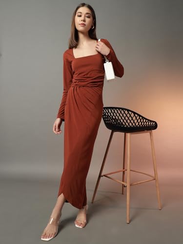 Image of Trend Arrest.ed Women's Bodycon Midi Dress | Square Neck Wrap Style | Stretchable | Full Sleeve Fitted Dress for Party, Evening, Casual Outings & Date Night