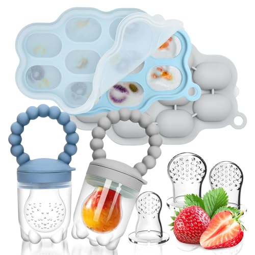 Image of Silicone Baby Fruit Food Feeder, 2 Pack Freezer Tray with lid for Batch Prep,Introduce New Foods, Breastmilk Popsicle Molds, Silicone Teething Toys, Includes 6 Extra Food Pacifier