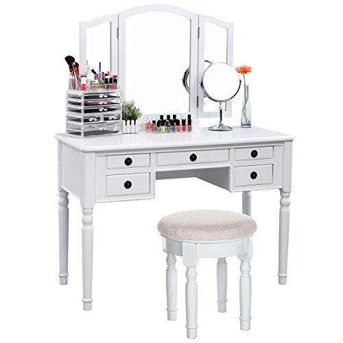 SONGMICS Vanity Set Tri-folding Mirror Make-up Dressing Table Cushioned Stool 5 Drawers White URDT108M