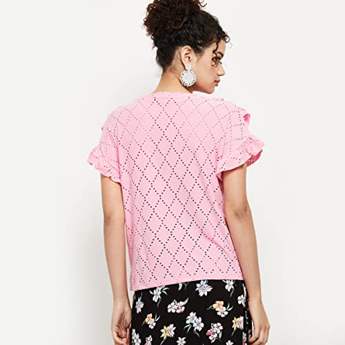 Image of Max Women Schiffli Detail Round Neck Ruffled Regular Fit Top