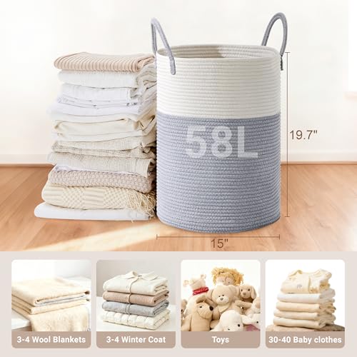 Image of 58L Tall Cotton Rope Laundry Basket with Handles, Grey