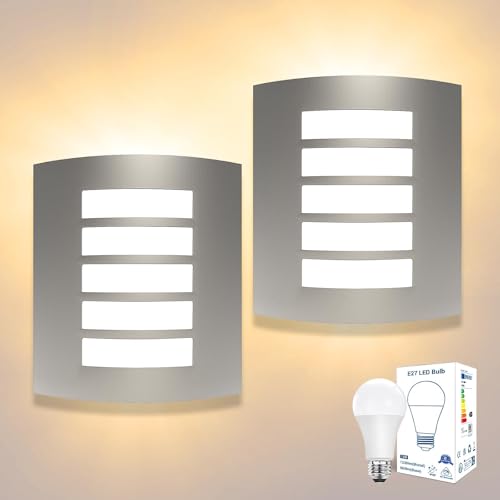 Unikcst 2X Outdoor Wall Lights Mains Powered Stainless Steel E27 Outside Light IP44 Waterproof Exterior Wall Sconce for Indoor Front Door Porch, Incl.12W LED Bulbs Warm White