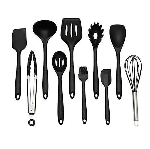 Silicone Kitchen Utensils Set, Kitchen Accessories Set of Utensils with Spatula, Spoon, Whisk, Slotted Turner | Non-Stick, Heat Resistant BPA Free 10 Piece Black Silicone Cookware