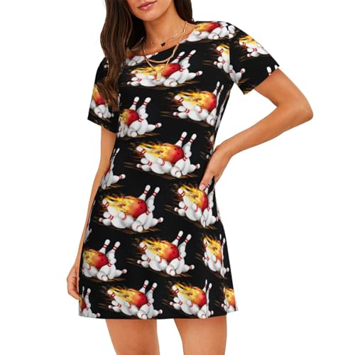 KAPPTYY Camisón de bolos para mujer, manga corta, poliéster, cuello redondo, ropa de dormir, Negro, L