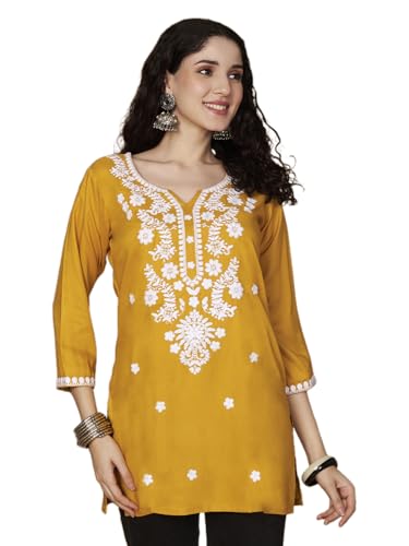 Image of Short Kurti for Women for Jeans, Chikankari Kurtis for Ladies, Lakhnavi V- Neck Women's Tunic Design Kurta, Floral Kurtas & Tunics for Woman