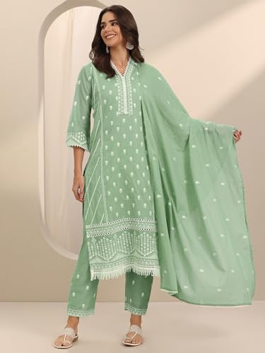 Image of Libas Embroidered Cotton Straight Kurta With Trouser and Dupatta
