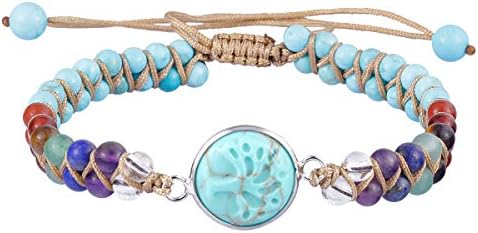 TUBMEELLUWA 7 Chakra Crystal Tree of Life Braided Stone Beads Bracelet Adjustable Strand Beaded Bracelet Bangle Double Layers, Blue Howlite Turquoise