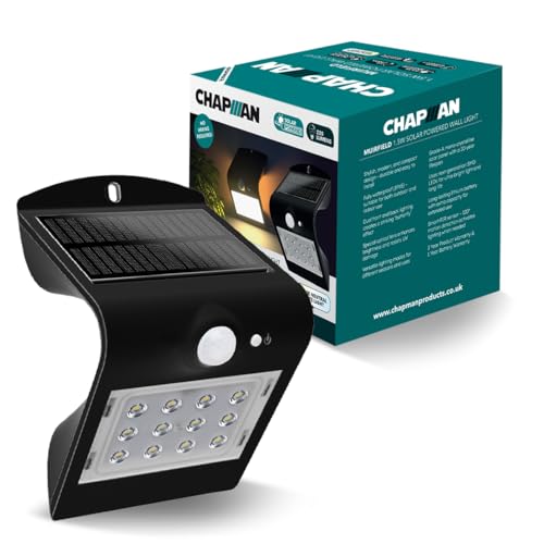 Chapman Muirfield 1.5W PIR LED Solar Security Light Outdoor, IP65 Waterproof Garden Wall Lights with Motion Sensor, 4000K Neutral White Solar Lights for Garden, Outside Lights & Security (Black)