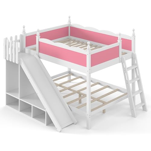 Image of Bellemave Bunk beds Full Over Full with Slide and Stair, Low bunk /loft Bed for Kids,Pink and White