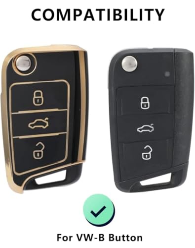 Image of TPU Car Key Cover Black & Golden Compatible for Volkswagen Taiguan, Virtus, Tiguan, T-ROC, Jetta (Volkswagen, 3 Button Flip Key New)