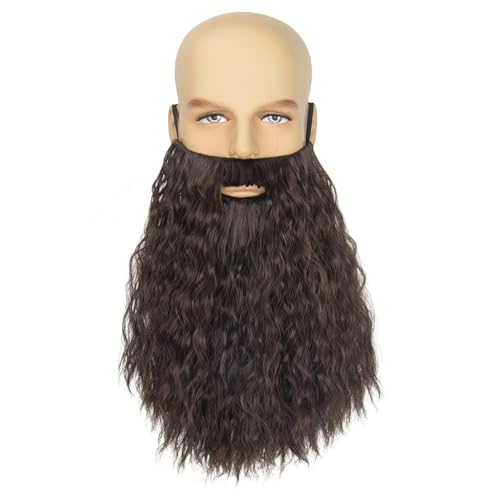 Yan Dream Men Long Curly Brown Fake Beard Adult Novelty Costume Facial Hair Cosplay Party Mustache