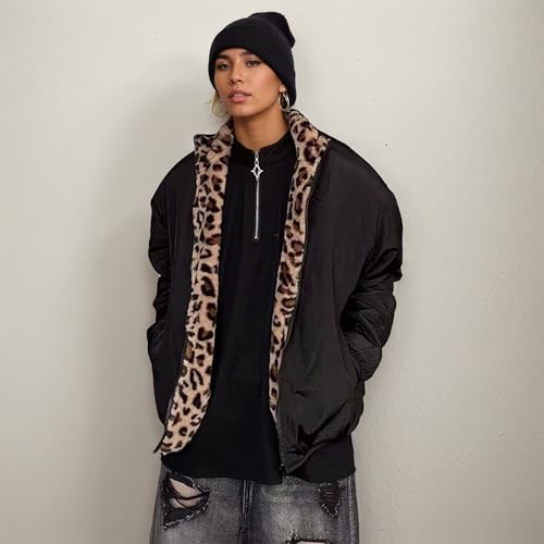 Unisex Leopard Bomber Jacket Men Reversible Cheetah Print Faux Fur Coat Y2k Vintage Oversized Sweatshirt Streetwear2