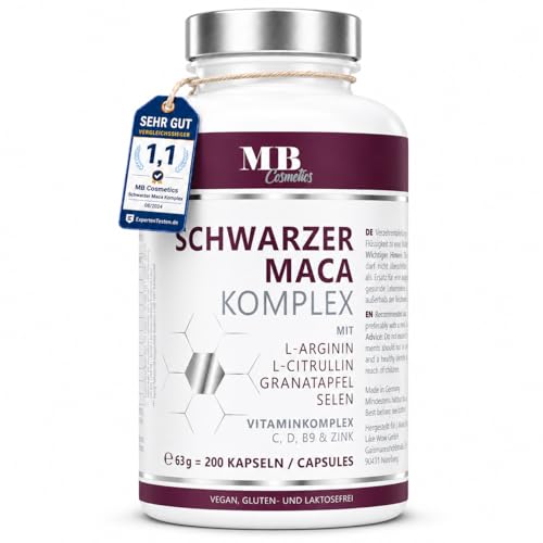 Maca Kapseln 4800mg je Tagesdosis - 200 Maca hochdosiert mit L-Arginin, Granatapfelextrakt, Vitamin C, D, Selen, Zink und Citrullin – veganer 20:1 Maca Extrakt schwarz ohne Zusätze
