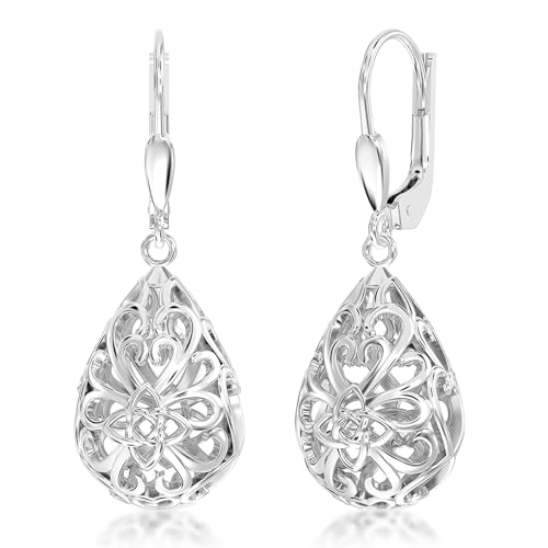 Image of TRUESILVER ACPL 925 Sterling Silver Filigree Drop Earrings for Women & Girls | Elegant Dangle Leverback Earrings | Stylish Everyday & Gift Jewelry