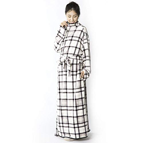 アイリスプラザ fondan 着る毛布 ポケット・ベルト付 特製BOX入り Lサイズ 着丈170cm チェック柄 アイボリー×ブラック 静電気防止 洗える フランネルマイクロファイバー 部屋着 クリスマス ギフト ルームウェア