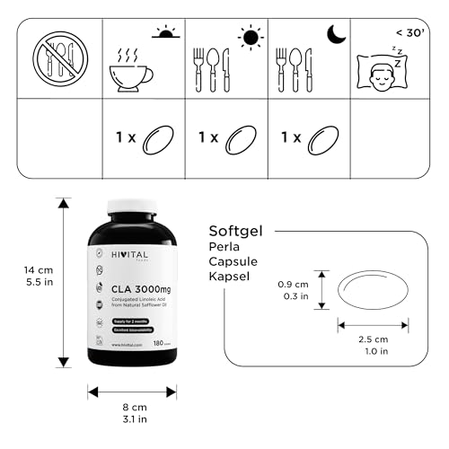 CLA Geconjugeerd Linolzuur 3000 mg per portie. 180 capsules op basis van 100% Natuurlijke Plantaardige Saffloerolie voor 2 maanden behandeling. Gefabriceerd in Europa door HIVITAL - Afbeelding 4
