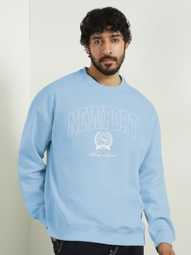 Image of Nobero Men's Graphic Printed Oversized Sweatshirt | Cotton Rich Fleece Round Neck Pullover | Relaxed Fit Casual Winter Wear for Men