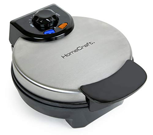 Nostalgia HomeCraft 10 inch Round Stainless Steel Electric Belgian Thick Waffle Maker, Non Stick, Die Cast Aluminum, Easy to Clean