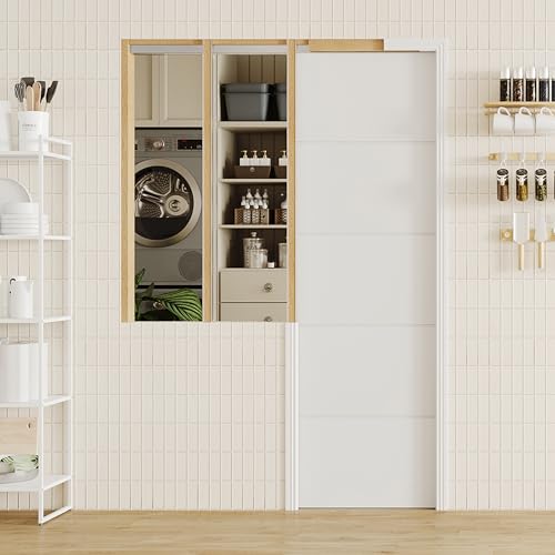Image of 24 inch x 80 inch Pocket Door with Frame & Track Kit, 5-Panel Textured Sliding Interior Pocket Door, Soft Close Hardware, Lightweight Waterproof PVC Pocket Doors