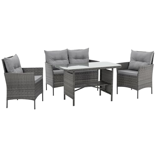 SVITA Dallas Gartensitzgruppe Polyrattan 4-teilig Outdoor Set mit 2 Sesseln 2er-Sofa & Esstisch Wetterfestes PE-Rattan Stahlrahmen & Sitzkissen Grau