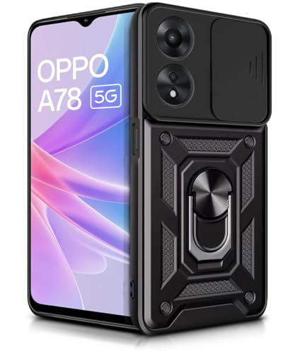 Image of WOW IMAGINE Tough Armor Bumper Mobile Back Case for Oppo A78 5G | Sliding Camera Shield Cover | Shock Proof 360 Protection | Hybrid PC + TPU | Ring Holder with Kickstand - Black