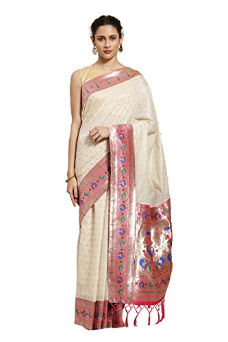 Image of Varkala Silk Sarees Women's Cotton Silk Paithani Saree with Blouse Piece Banarasi Brocade Work Pallu Peacock Motifs Zari Border