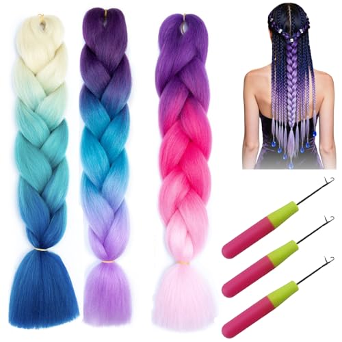 HAPPOW 3 extensiones de trenzas, 61 cm, 100 g, pelo sintético para trenzar, pelo falso de color azul violeta, con 3 agujas de ganchillo grandes, trenzas jumbo para trenzar el cabello (degradado azul