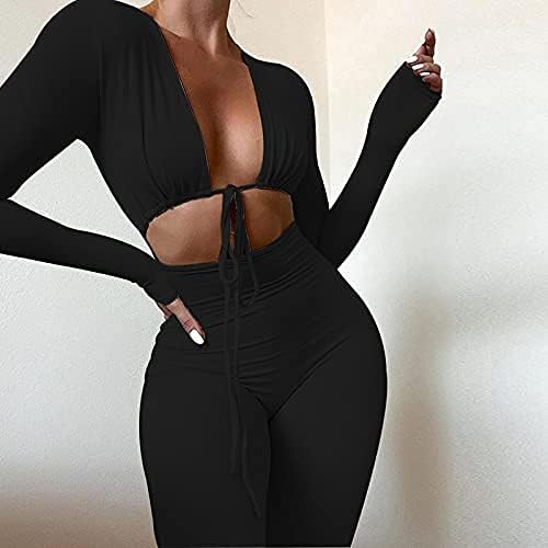 Azhong Women's Sexy Cut Out Bodycon Jumpsuit Lace Up Front V Neck One Piece Outfit Long Sleeve Rompers - Image 2