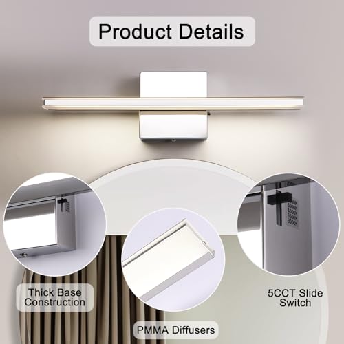 Image of Modern Bathroom Vanity Light 15.7 inch 12W Dimmable 5CCT Led Bath Lights Fixture Over Mirror, Chrome Vanity Light for Bathroom Mirror Cabinets