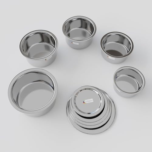 Image of Stainless Steel Tope Patila tepeli Pot pan Utensils Combo cookware Set of 5 PiC Stove and Induction Friendly /Bhagona /Sandwich Bottom Tope /Flat Bottom /Silver /Cookware OK