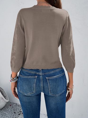 Image of Women Crop Cardigan Sweaters Lightweight 3 /4 Sleeve Button Up Crochet Shrug | Textured Bolero For Dresses Dressy Casual, V Neck, Ladies Eyelet Shawl Thin Trendy